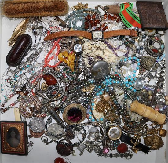 A quantity of mixed jewellery and other items including silver, medals, ambrotype, watches and corkscrew etc.